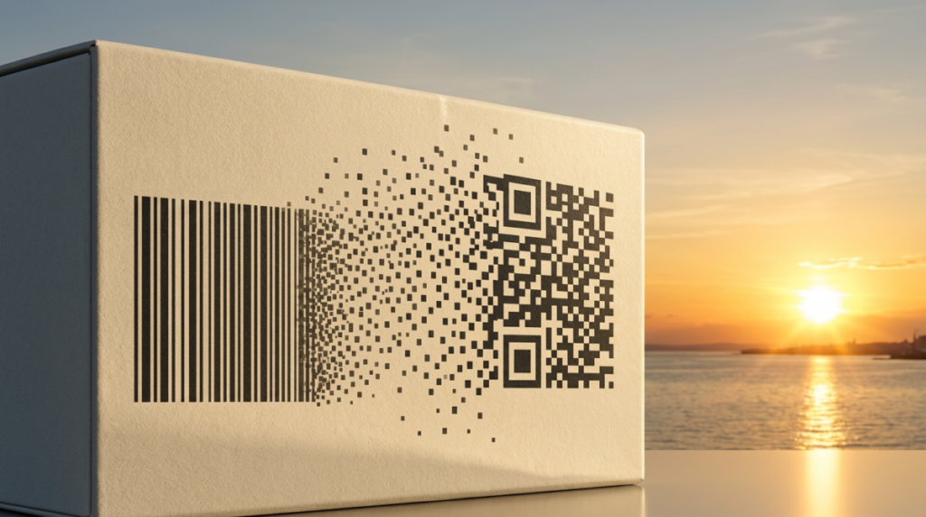 1D barcode dissolving into a 2D QR code on a shipping box at sunset, representing the shift to Sunrise 2027 barcode standards